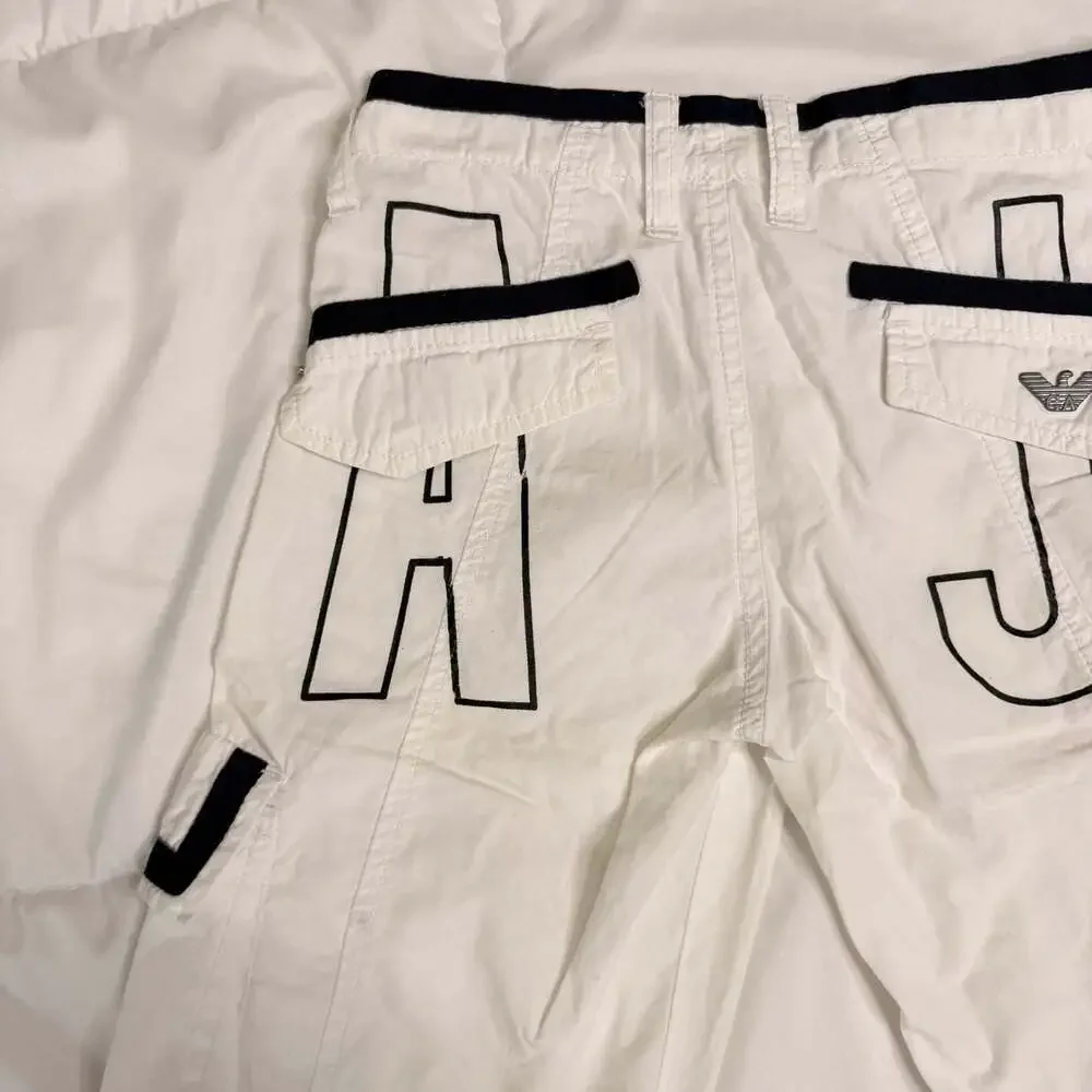 Armani Junior Boys White Cargo Shorts Navy Trim A Jr Logo Size 8A 130cm